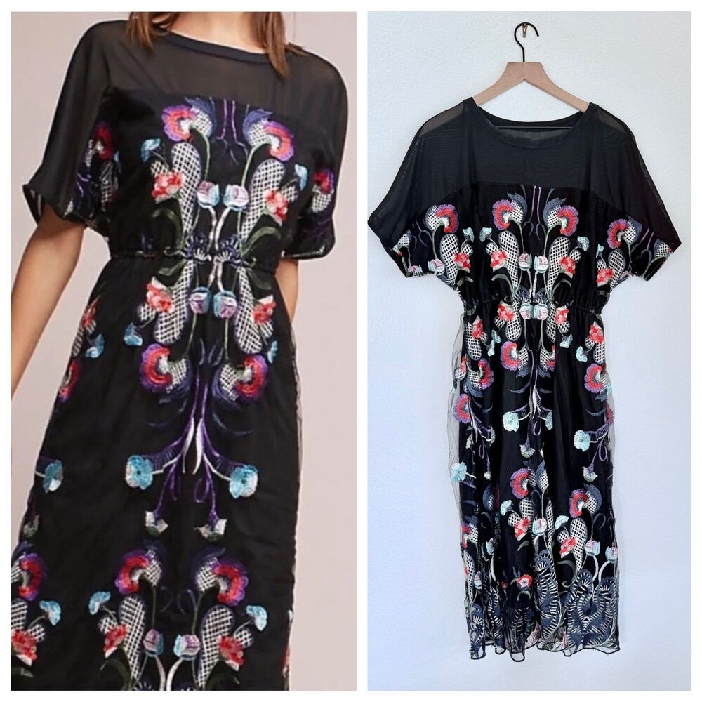 NWT RARE Anthropologie Eva Franco Sara Embroidered Midi Dress in Black Size 8